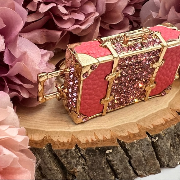Pink & Gold Crystal Luggage Keychain Charm - Picture 10 of 16